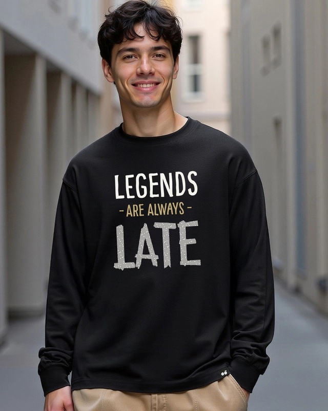 Shop Men's Jet Black Always Late Typography Oversized T-shirt-Front