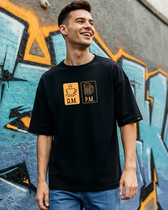 Shop Men's Jet Black AM PM Graphic Printed Oversized T-shirt-Front