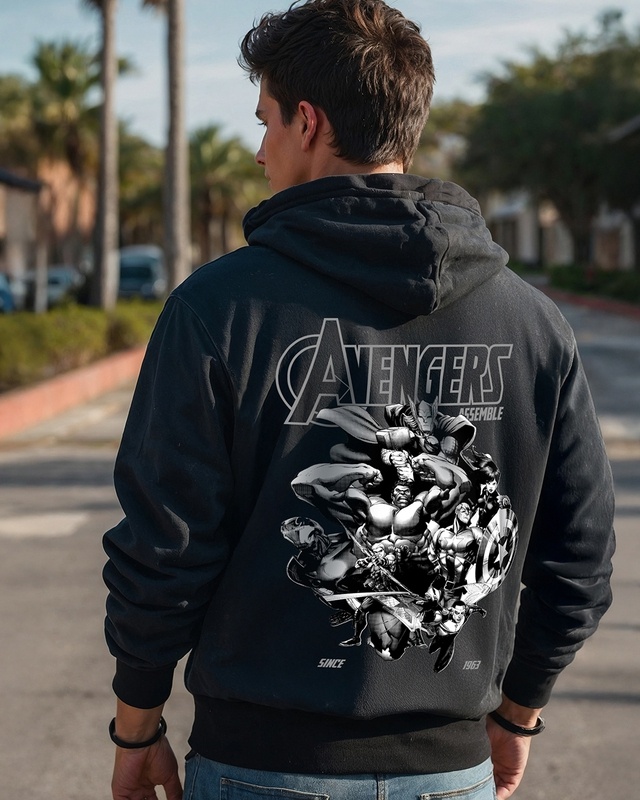 Shop Men's Jet Black Avengers Graphic Printed Oversized Hoodies-Front