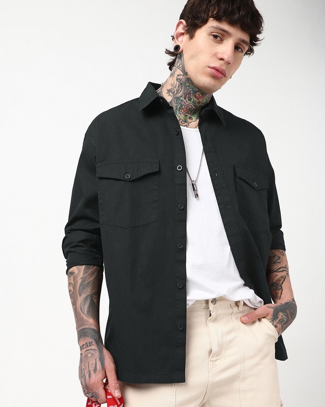 Shop Men's Jet Black Oversized Cargo Shirt-Front