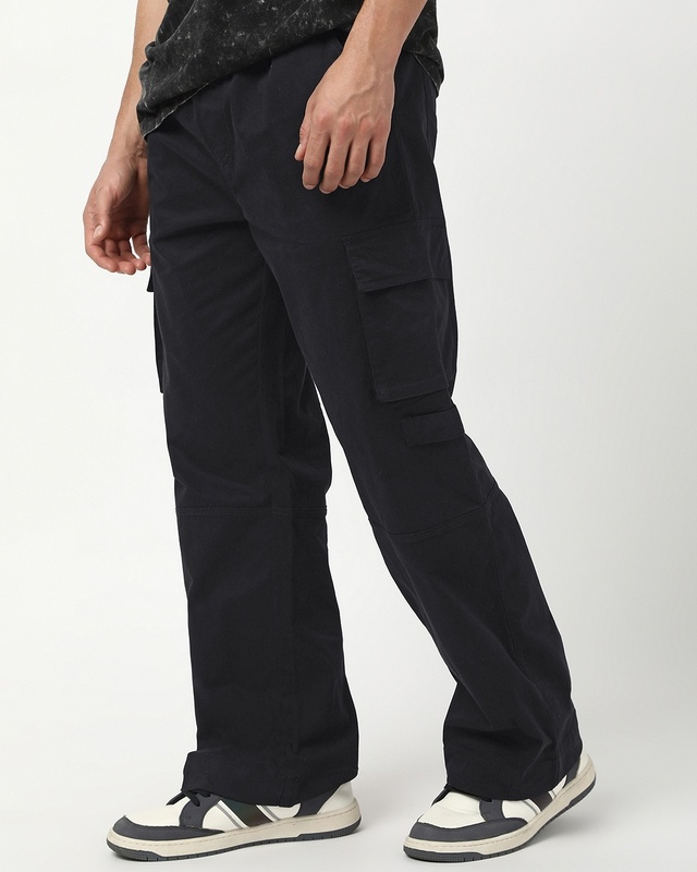 Shop Men's Jet Black Baggy Straight Fit Cargo Pants-Front