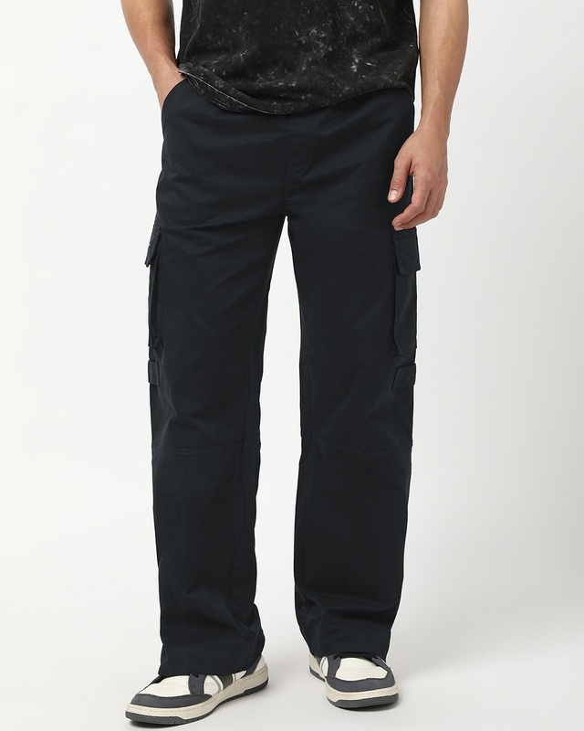 Shop Men's Jet Black Baggy Straight Fit Cargo Pants-Front