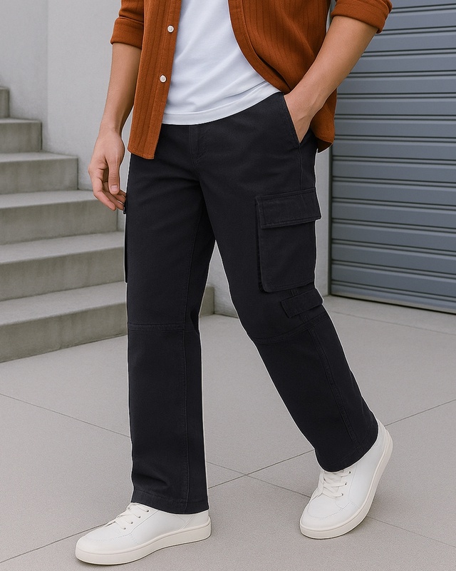 Shop Men's Jet Black Baggy Straight Fit Cargo Pants-Front
