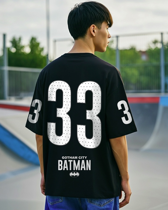 Shop Men's Jet Black Batman Graphic Printed Oversized T-shirt-Front