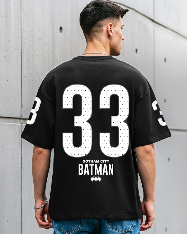 Shop Men's Jet Black Batman Typography Oversized T-shirt-Front