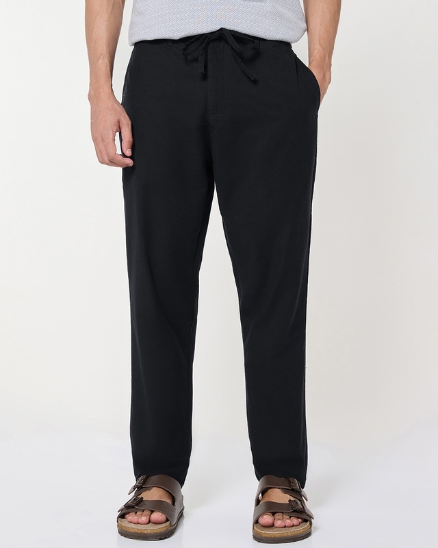Shop Men's Jet Black Cotton Linen Pants-Front