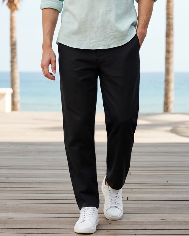 Shop Men's Jet Black Cotton Linen Pants-Front