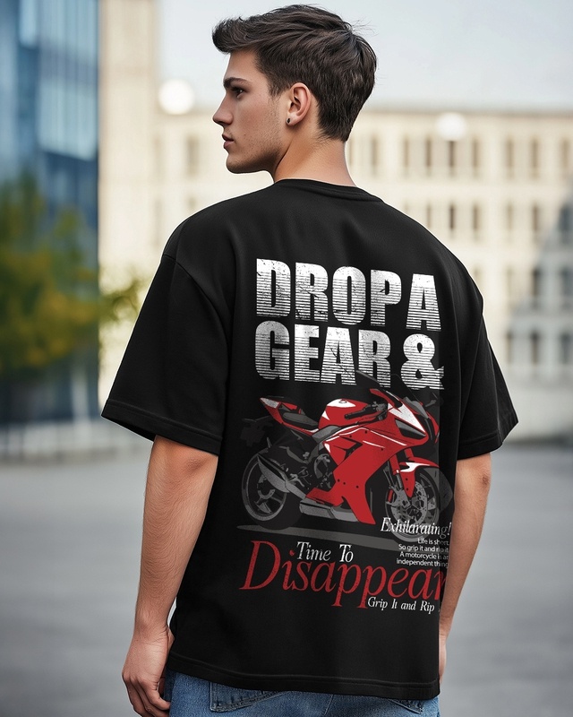 Shop Men's Jet Black Drop Gear Graphic Printed Oversized T-shirt-Front