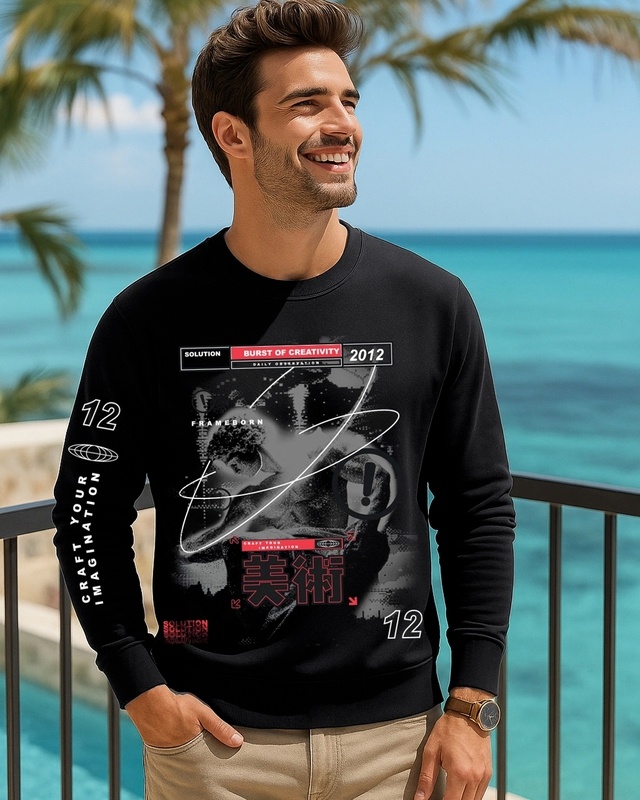 Men's Jet Black Frame Born Graphic Printed Sweatshirt-Front Bewakoof Shop Men's Jet Black Frame Born Graphic Printed Sweatshirt-Front
