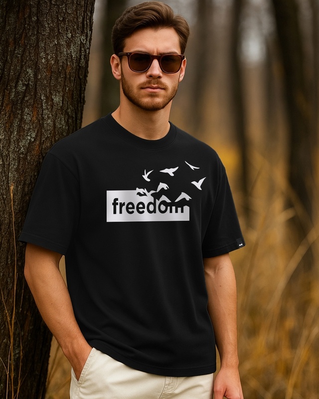 Shop Men's Jet Black Freedom Graphic Printed Oversized T-shirt-Front