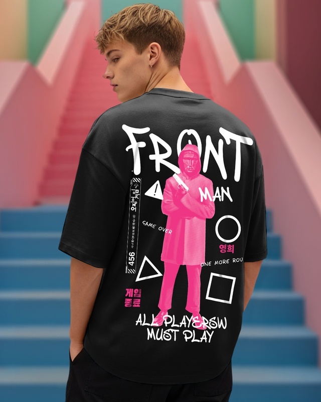 Shop Men's Jet Black Front Man Graphic Printed Oversized T-shirt-Front