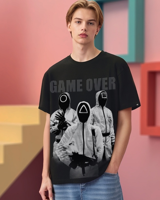 Shop Men's Jet Black Game Over Graphic Printed Oversized T-shirt-Front