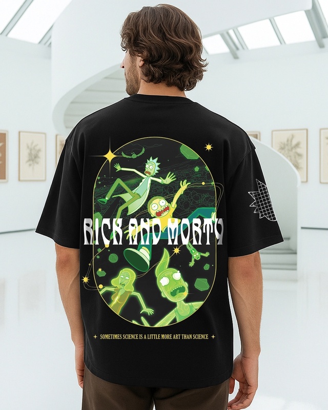 Men's Jet Black Get Schwifty Science Graphic Printed Oversized T-shirt-Front Bewakoof Shop Men's Jet Black Get Schwifty Science Graphic Printed Oversized T-shirt-Front