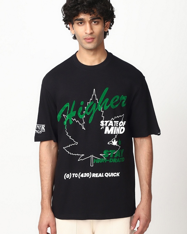 Shop Men's Jet Black Higher Graphic Printed Oversized T-shirt-Front