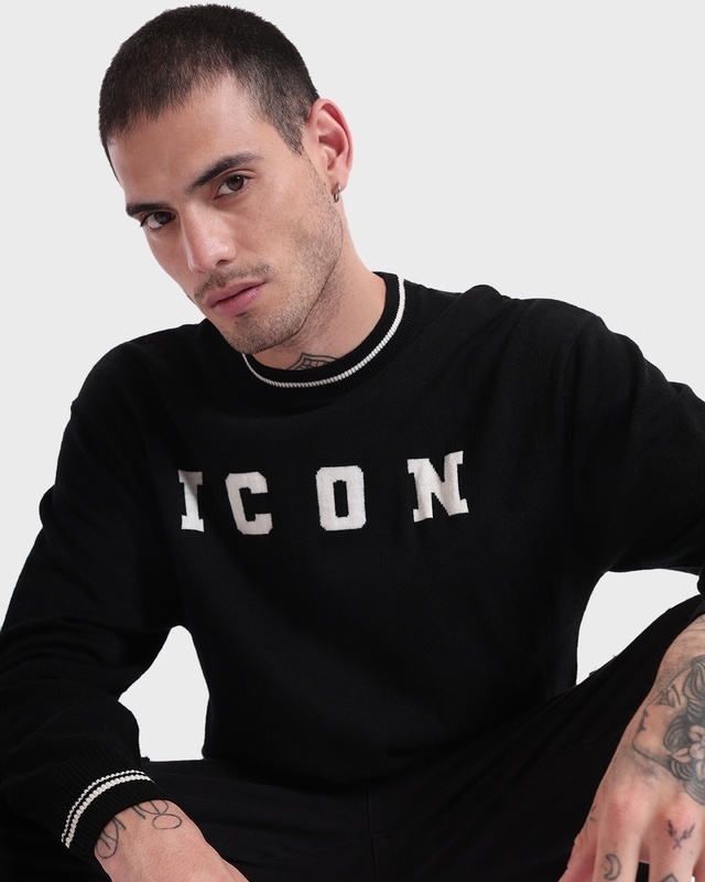 Shop Men's Jet Black ICON Typography Oversized Sweater-Front