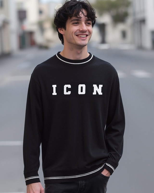 Shop Men's Jet Black ICON Typography Oversized Sweater-Front