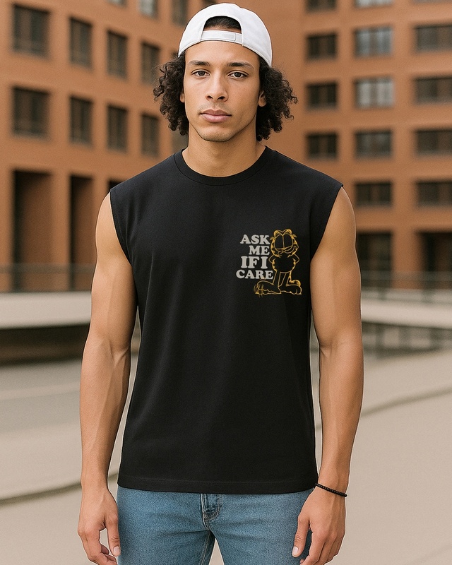 Shop Men's Jet Black If I Care Graphic Printed Oversized Vest-Front