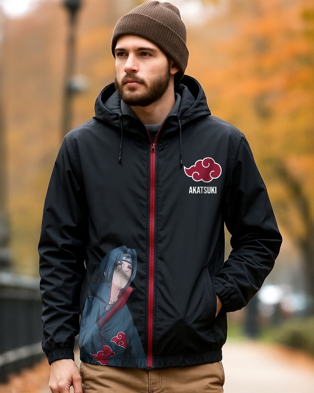 Shop Men's Jet Black Itachi Graphic Printed Oversized Windcheater Jacket-Front