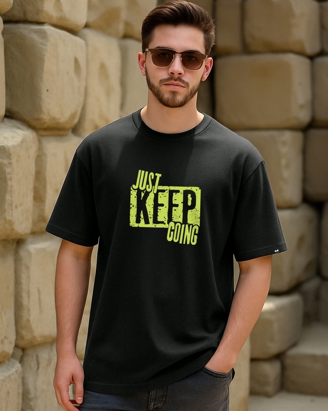Men's Jet Black Just Keep Going Typography Oversized T-shirt-Front Bewakoof Shop Men's Jet Black Just Keep Going Typography Oversized T-shirt-Front