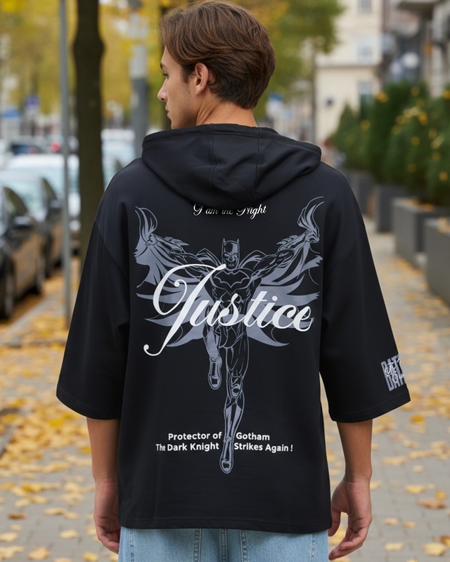 Shop Men's Jet Black Justice Bat Graphic Printed Oversized Hoodie T-shirt-Front