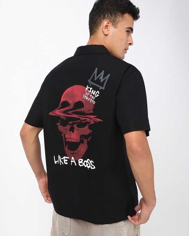 Shop Men's Jet Black King Of The Streets Graphic Printed Oversized Shirt-Front