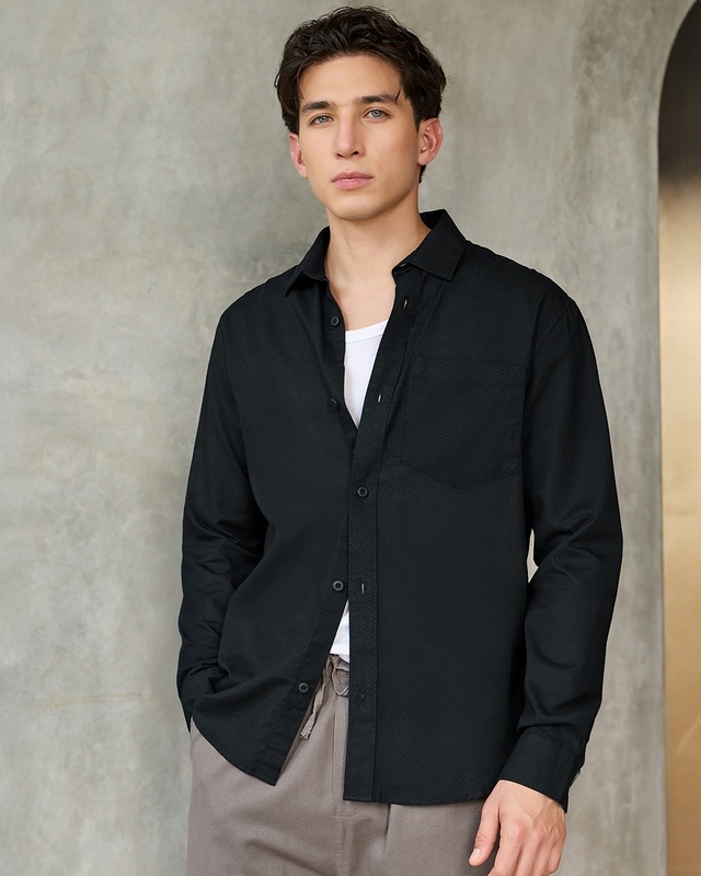 Shop Men's Jet Black Linen Shirt-Front