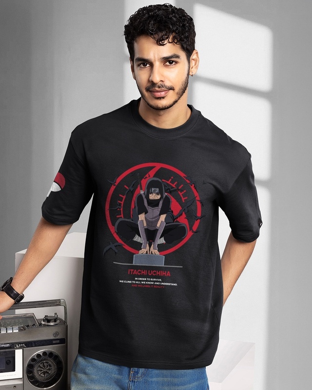 Shop Men's Jet Black Madara Graphic Printed Oversized T-shirt-Front