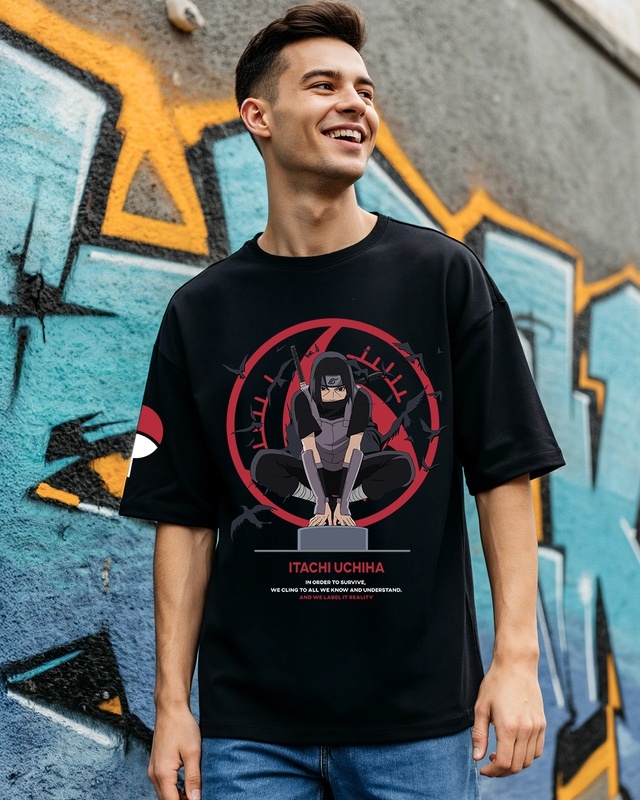 Men's Jet Black Madara Graphic Printed Oversized T-shirt-Front Bewakoof Shop Men's Jet Black Madara Graphic Printed Oversized T-shirt-Front