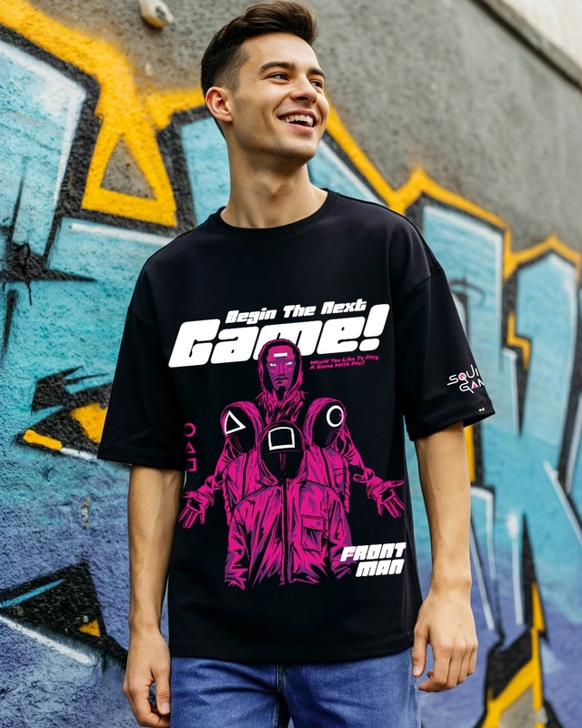 Shop Men's Jet Black Next Game Graphic Printed Oversized T-shirt-Front