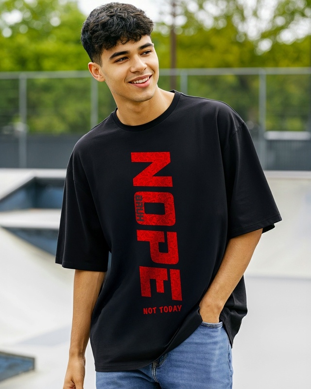 Shop Men's Jet Black Nope Bruh Typography Oversized T-shirt-Front