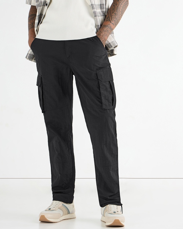 Shop Men's Jet Black Nylon Cargo Parachute Pants-Front