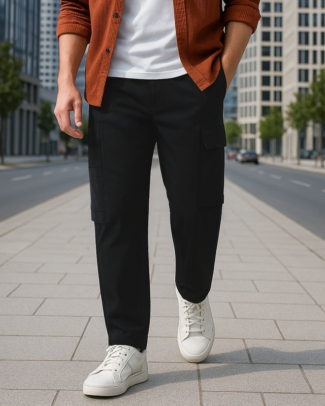 Shop Men's Jet Black Oversized Cargo Pants-Front