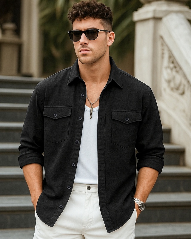 Shop Men's Jet Black Oversized Cargo Shirt-Front