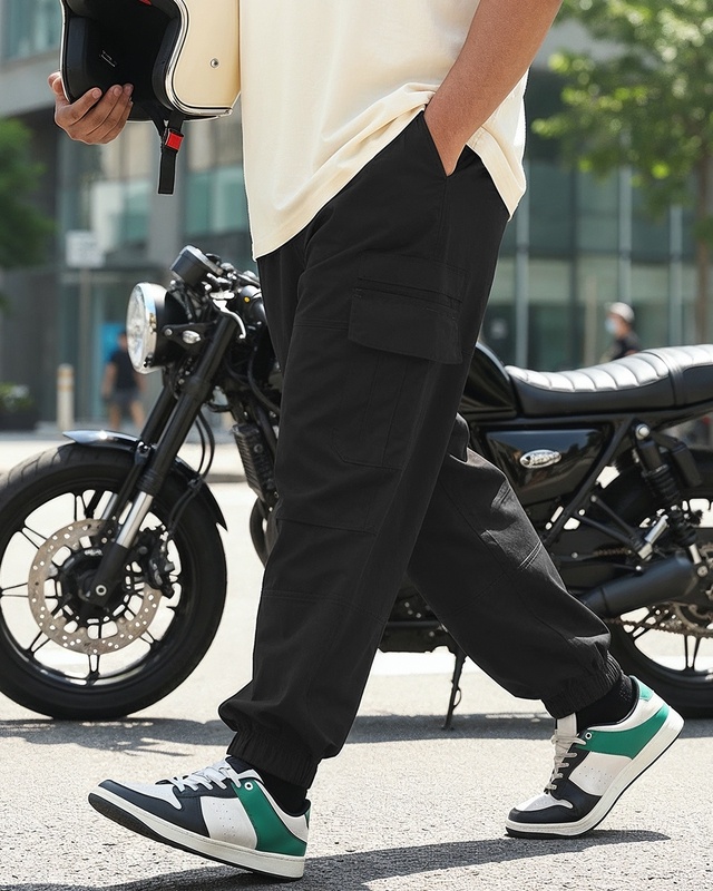 Shop Men's Jet Black Oversized Plus Size Cargo Jogger Pants-Front