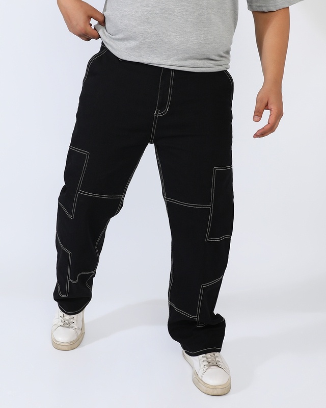 Shop Men's Jet Black Oversized Plus Size Jeans-Front