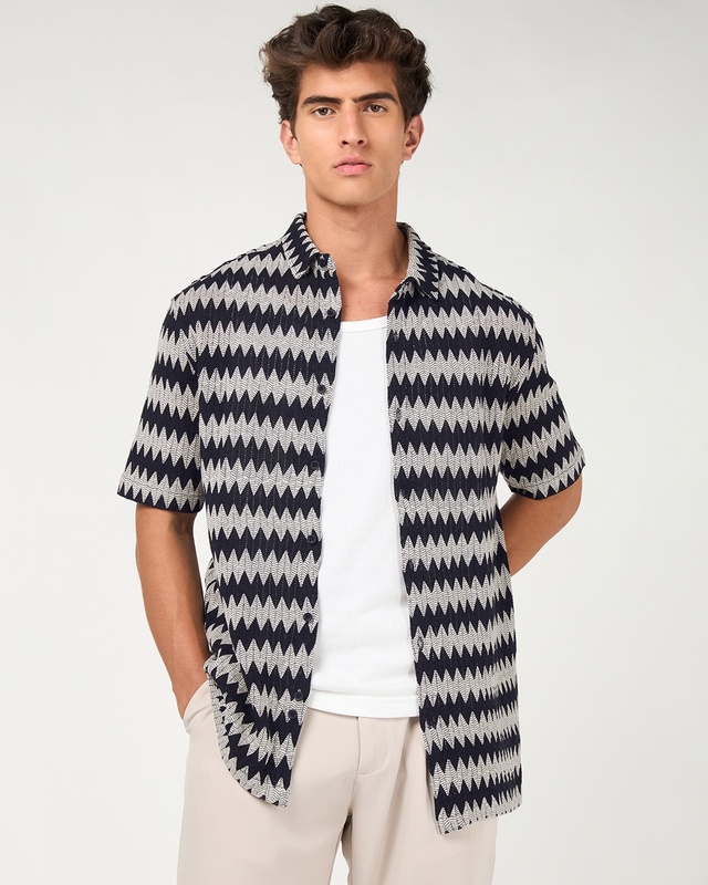 Shop Men's Jet Black Textured Oversized Shirt-Front