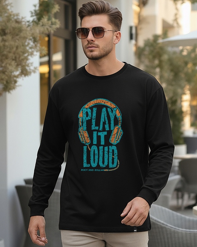 Men's Jet Black Play It Loud Graphic Printed Oversized T-shirt-Front Bewakoof Shop Men's Jet Black Play It Loud Graphic Printed Oversized T-shirt-Front