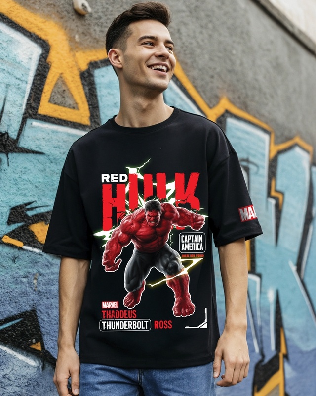 Shop Men's Jet Black Red Hulk Graphic Printed Oversized T-shirt-Front