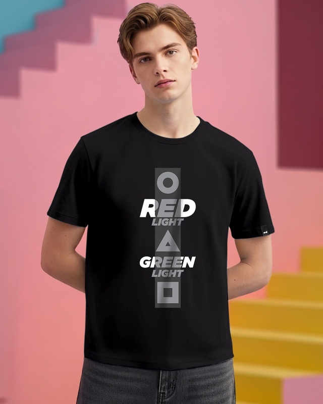 Shop Men's Jet Black Red Light Green Light Graphic Printed T-shirt-Front