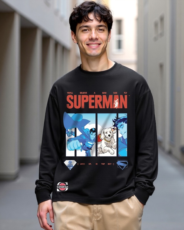 Shop Men's Jet Black Retro Comic Graphic Printed Oversized T-shirt-Front