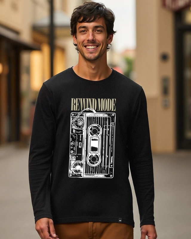 Shop Men's Jet Black Rewind Mode Graphic Printed T-shirt-Front