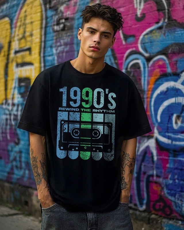 Shop Men's Jet Black Rewind The Rythm Graphic Printed Oversized T-shirt-Front