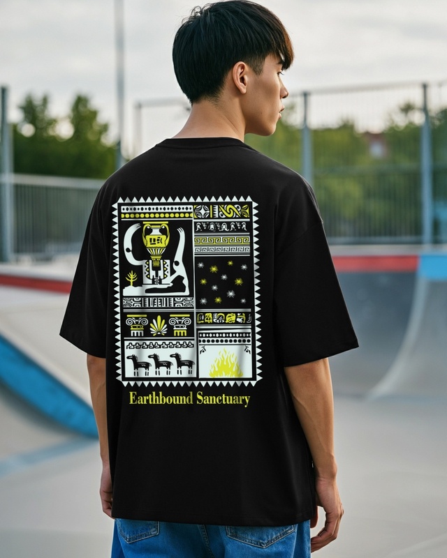 Shop Men's Jet Black Sanctuary Graphic Printed Oversized T-shirt-Front