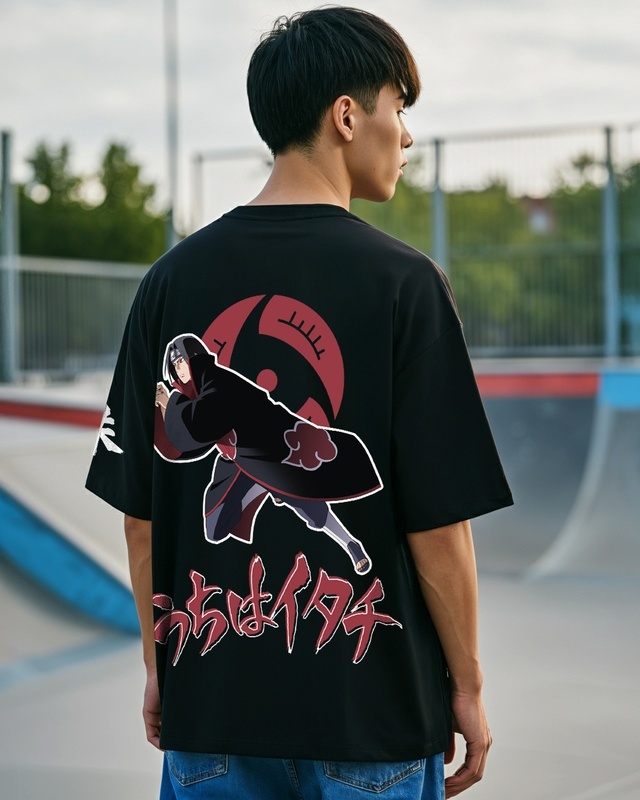 Shop Men's Jet Black Sharingan Graphic Printed Oversized T-shirt-Front