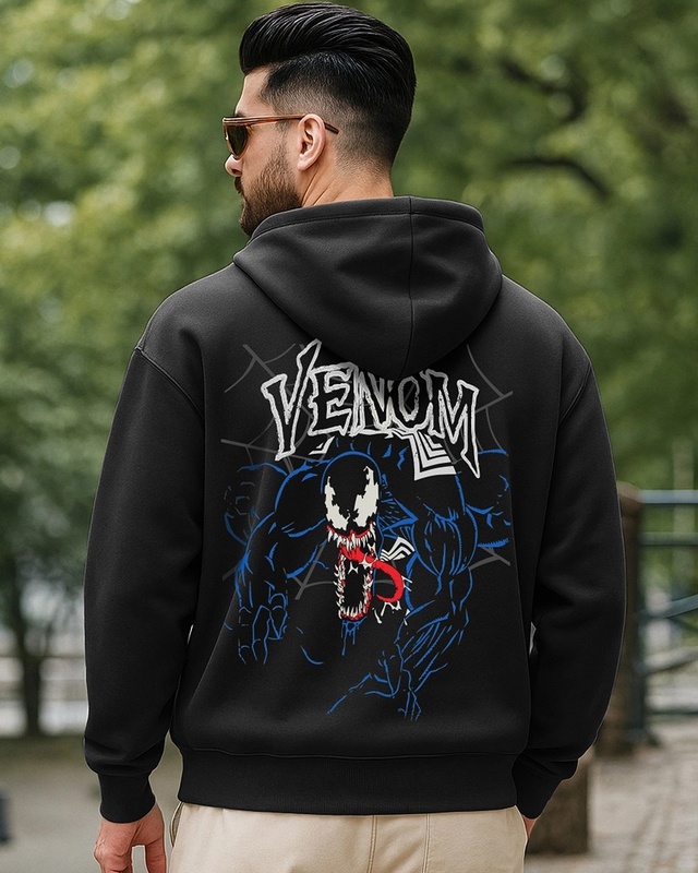 Shop Men's Jet Black Sinister Symbiote Graphic Printed Oversized Hoodies-Front