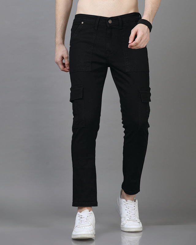 Shop Men's Jet Black Slim Fit Cargo Jeans-Front
