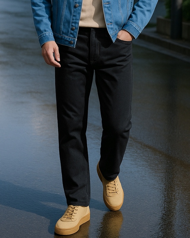 Shop Men's Jet Black Slim Straight Fit Stretchable Washed Mid-Rise Jeans-Front