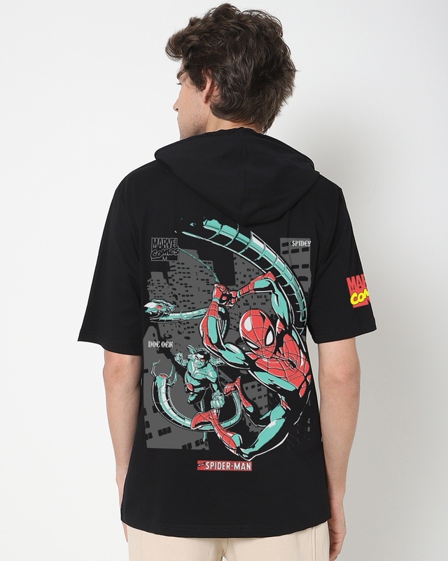 Shop Men's Jet Black Spidey Graphic Printed Oversized Hoodie T-shirt-Front