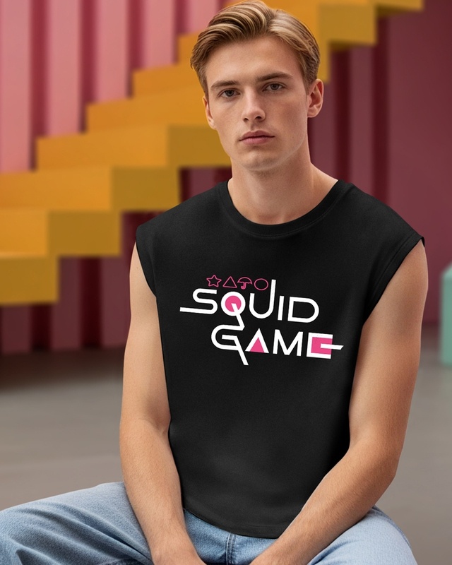Shop Men's Jet Black Squid Game Graphic Printed Oversized Vest-Front