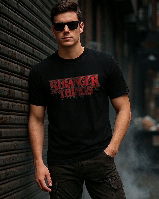 Shop Men's Jet Black Stranger Things Typography T-shirt-Front